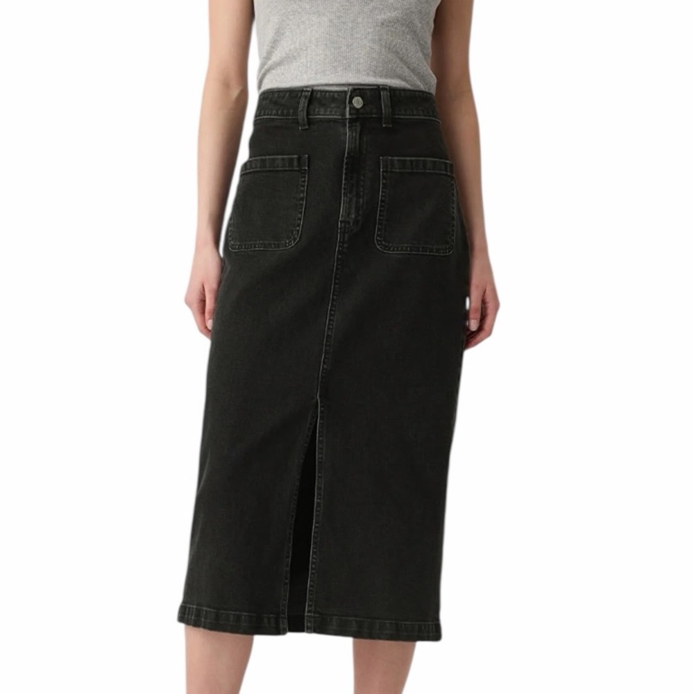 Gap Patch Pocket Denim Midi Skirt Black Wash Front Slit SZ 12 Western Preppy